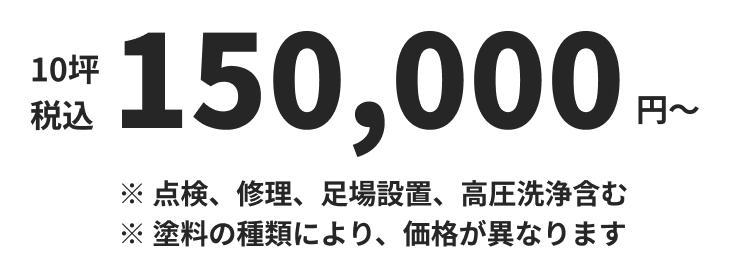 10坪 150,000円～（税込）（点検、修理、足場設置、高圧洗浄含む）（塗料の種類により、価格が異なります）